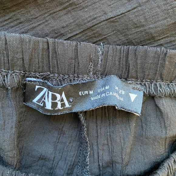 Zara Textured Pants Women's Medium Black Flowy Wide Leg Casual Elastic Waist - Picture 10 of 12